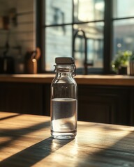 A clear glass bottle filled with water, sitting on a wooden table, illuminated by warm sunlight.