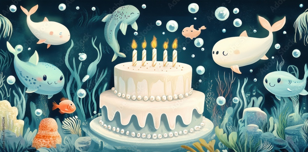 Wall mural Underwater Birthday Cake With Cute Fish Friends