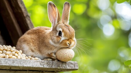 Obraz premium A rabbit eating an egg on a wooden table