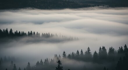 Fototapeta premium Enchanting misty forest landscape with silhouetted pines at sunrise