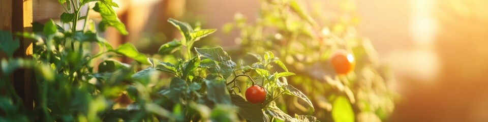Lush tomato garden bathed in warm sunlight during early morning