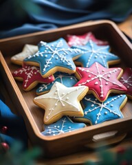 A vibrant assortment of star-shaped cookies in red, white, and blue icing, beautifully arranged in a wooden tray.
