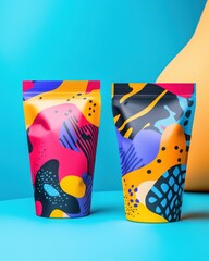 Colorful patterned bags on a vibrant blue background, showcasing modern design elements.