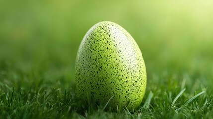 A green egg sitting on top of a lush green field