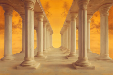 Ancient marble pillars arranged in an elliptical formation under an orange sky