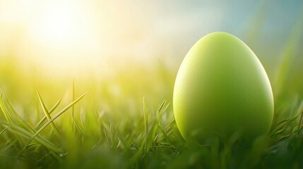 Fototapeta premium A green egg sitting in the grass on a sunny day