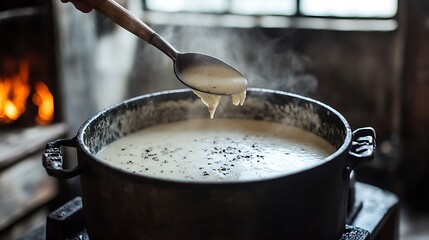 A ladle filled with creamy soup being lifted from a pot on a rustic stove