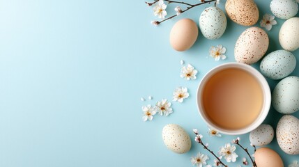 Fototapeta premium A cup of tea surrounded by eggs and flowers on a blue background