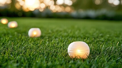 A group of white lanterns sitting on top of a lush green field