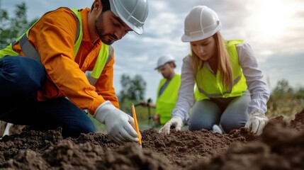 Engineers testing soil samples for mineral content during a site assessment