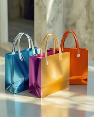 Three vibrant shopping bags in blue, purple, and orange, elegantly arranged on a light surface.