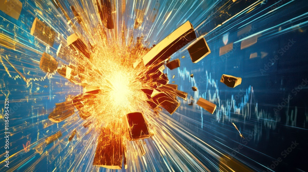 Poster Exploding gold bars against dynamic financial data background.