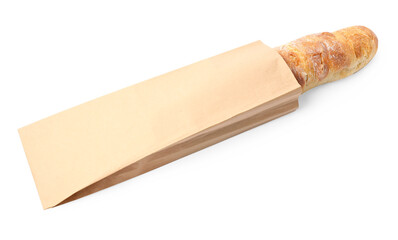 Paper bag with fresh baguette isolated on white