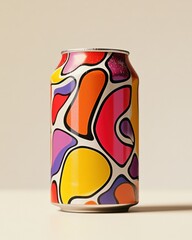 Obraz premium A vibrant, artistic soda can featuring colorful abstract shapes against a soft background.