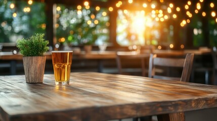 A refreshing glass of beer sits on a rustic wooden table, surrounded by warm ambiance lights that create a cozy and inviting atmosphere for relaxation and enjoyment.