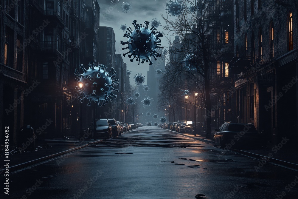 Aufkleber Urban street devoid of people showcases a symbolic virus motif hovering above during twilight hours. Generative AI