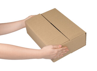 Woman with cardboard parcel box on white background, closeup