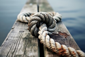 Close up of a weathered rope with a tight knot on a wooden dock, emphasizing themes of security and maritime life