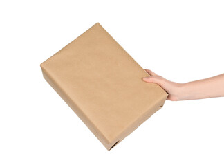 Woman with parcel box on white background, closeup