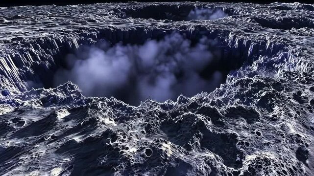 A detailed view of a crater impact from meteorite with dramatic lighting and shadow effects.