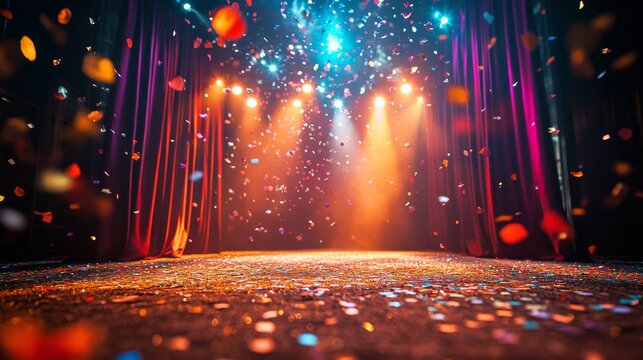 Show time festival banner, theater stage, podium, spotlights, red curtains and confetti falling. Invitation flyer for award ceremony, concert, music or dance performance, Cartoon vector illustration