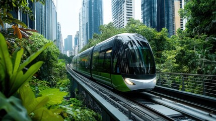A train is traveling through a forest with tall buildings in the background