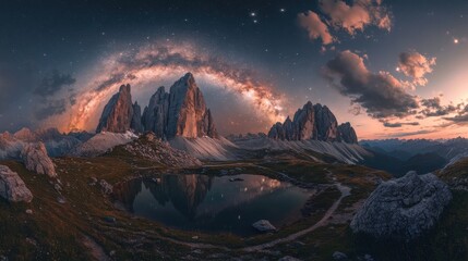 Obraz premium Stunning night sky over majestic mountains and serene lake reflecting the Milky Way, creating a magical atmosphere.