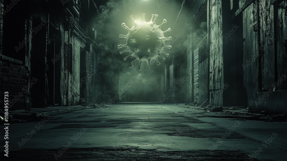 Poster Empty urban street with symbolic virus motif highlighting isolation and fear during a pandemic. Generative AI