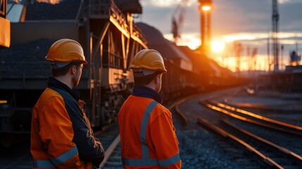 Workers monitoring the loading of ore onto railway cars for transportation