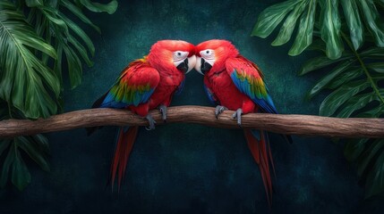 Fototapeta premium Two colorful parrots sitting on a branch in front of a dark blue background