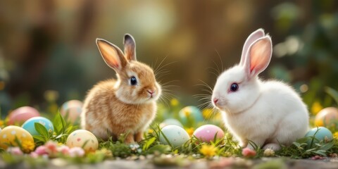 Obraz premium Cute bunny with Easter eggs. Festive spring scene with floral eggs and flowers. Happy Easter, spring celebration concept. Adorable pet for holiday card, poster with copy space