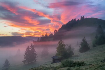 A serene sunrise over a misty mountain landscape, vibrant colors in the sky.