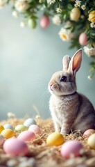 Cute bunny with Easter eggs. Festive spring scene with floral eggs and flowers. Happy Easter, spring celebration concept. Adorable pet for holiday card, poster with copy space