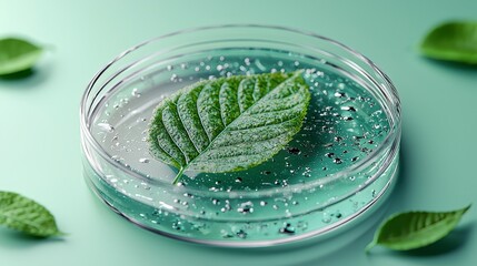 Green leaf floats in a petri dish filled with clear liquid, surrounded by other leaves on a green background.