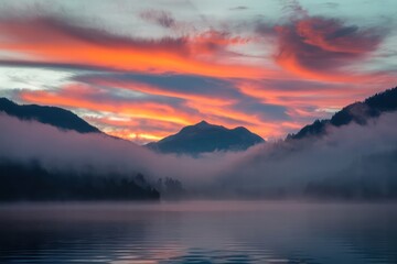 A serene sunrise over a misty mountain landscape, vibrant colors in the sky.