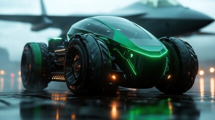 Showcasing a futuristic vehicle on a rain-soaked runway beside an aircraft, the image combines elements of innovation and sleek design set under cloudy skies.