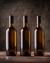 Obraz premium Three elegant brown wine bottles arranged on a wooden surface with a warm, moody backdrop.