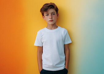 Portrait of a young brown-haired boy in white t-shirt. Can be used as a t-shirt mockup for your design, print or lettering