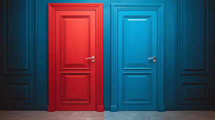 Two closed doors of different colors, red and blue entrance in the room. business choice or access concept, opportunity for career decision, future dream, right and left.