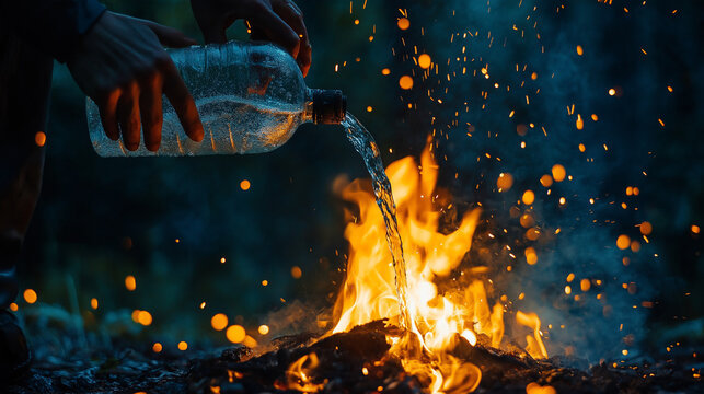 Close-up of campfire being extinguished with water in forest