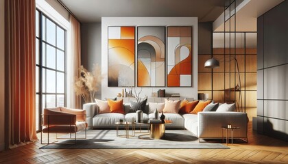 Obraz premium Modern luxurious living room, curved cream sofa, textured accent wall, pendant lights, floor-to-ceiling windows, sunset view, warm color palette, wood paneling, minimalist coffee table, round orange o