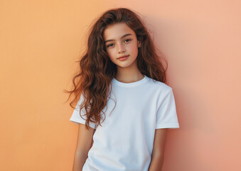 Obraz premium Portrait of a young brunette girl in white t-shirt. Can be used as a t-shirt mockup for your design, print or lettering 