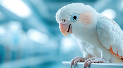 An adorable white bird displays a charming expression, blending seamlessly into the bright laboratory atmosphere, symbolizing affection, joy, and the beauty of nature's creatures.