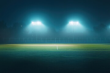 A serene night view of a sports field illuminated by bright floodlights, creating a dramatic atmosphere.