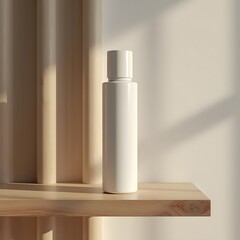 Minimalist Beauty Sleek Haircare Bottle on Modern Wooden Shelf
