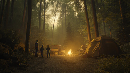 Family camping with safe fire in forest under warm firelight