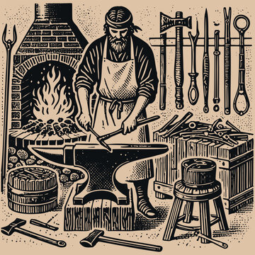 Medieval blacksmith at work. vintage vector engraving illustration
