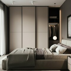 modern minimalist bedroom, neutral tones, floor-to-ceiling windows, glass partition, built-in wooden headboard, textured bedding, pendant light, sleek design, natural light, wood paneling, cozy atmosp