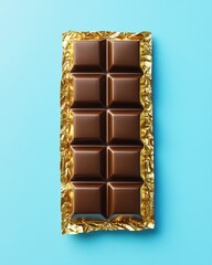 Obraz premium A delicious dark chocolate bar with a shiny gold wrapper on a vibrant blue background.