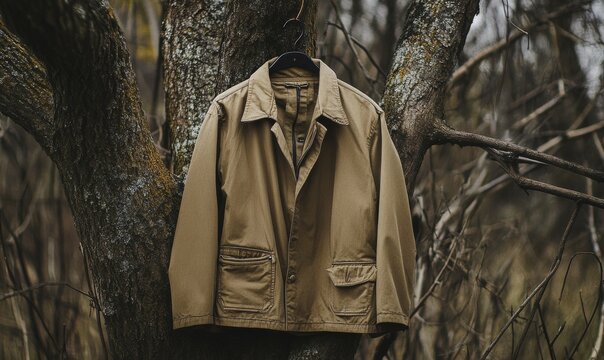 Tan jacket hanging in a tree. The jacket is brown and has a black hanger